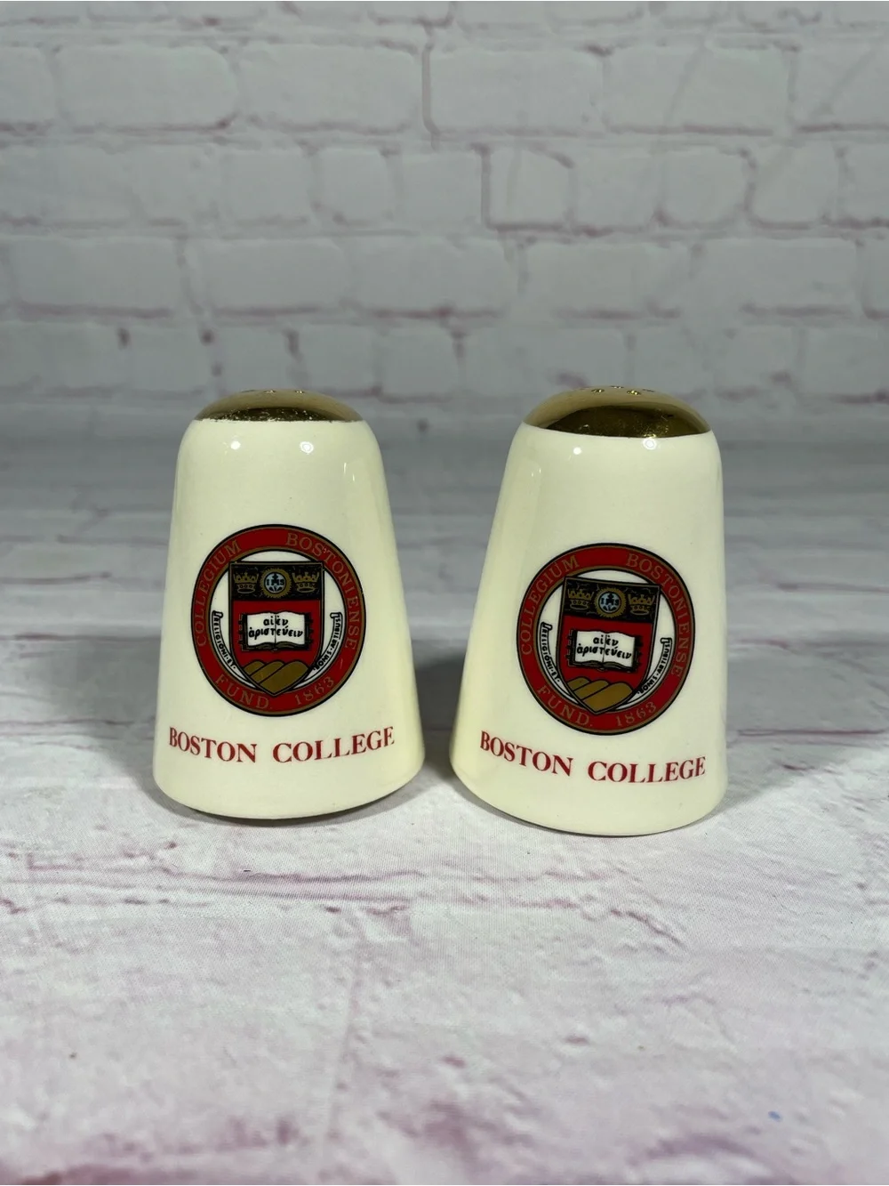 Vintage Boston College Ceramic Salt and Pepper Shaker Pair Gold Trim